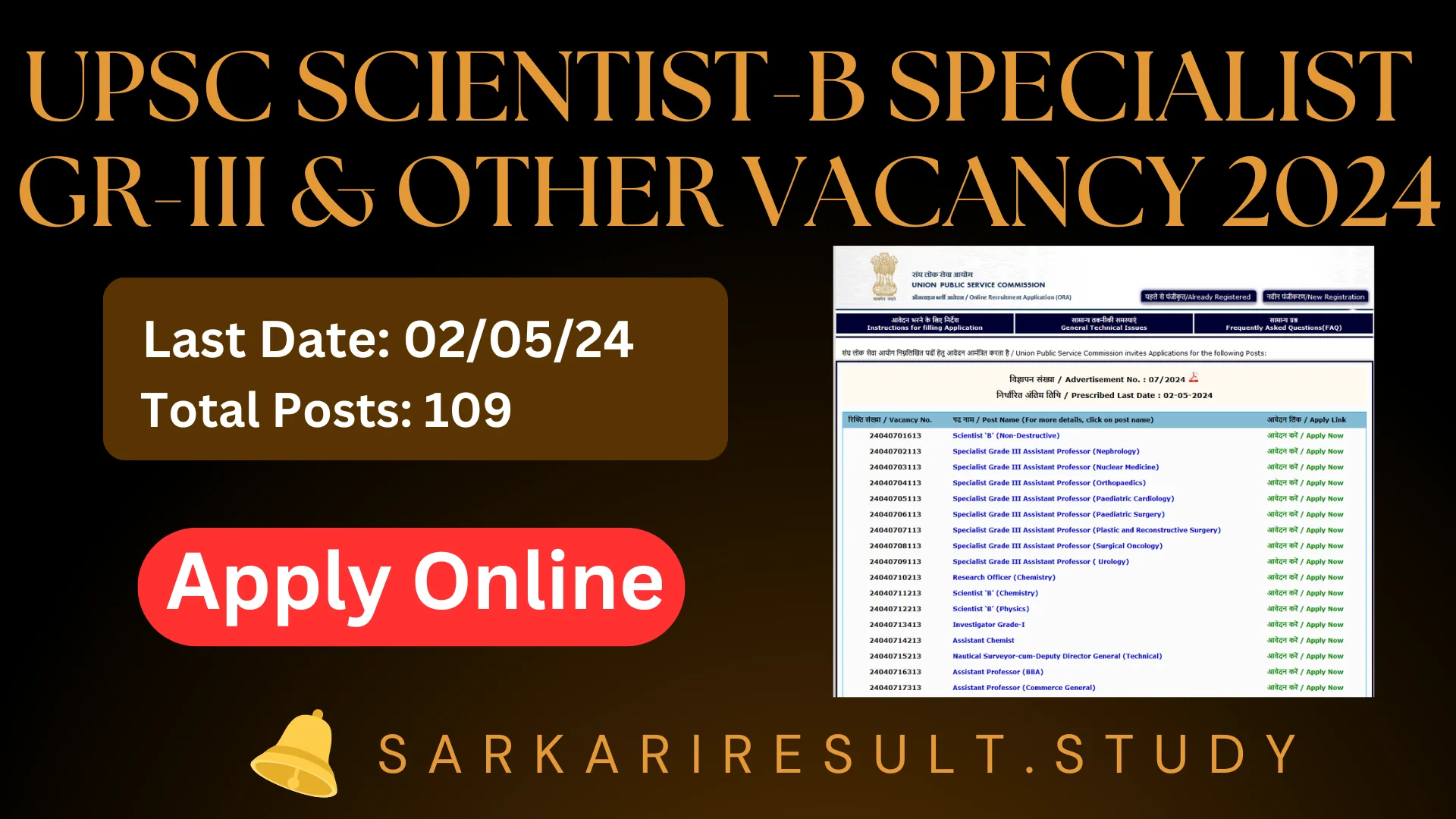UPSC Scientist-B Specialist Gr-III & Other Vacancy 2024