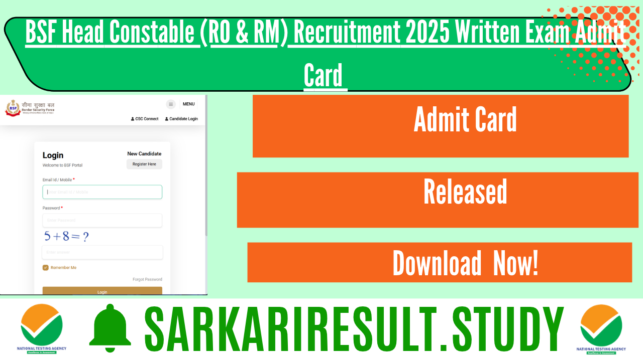 BSF Head Constable (RO & RM) Recruitment 2025 Written Exam Admit Card 