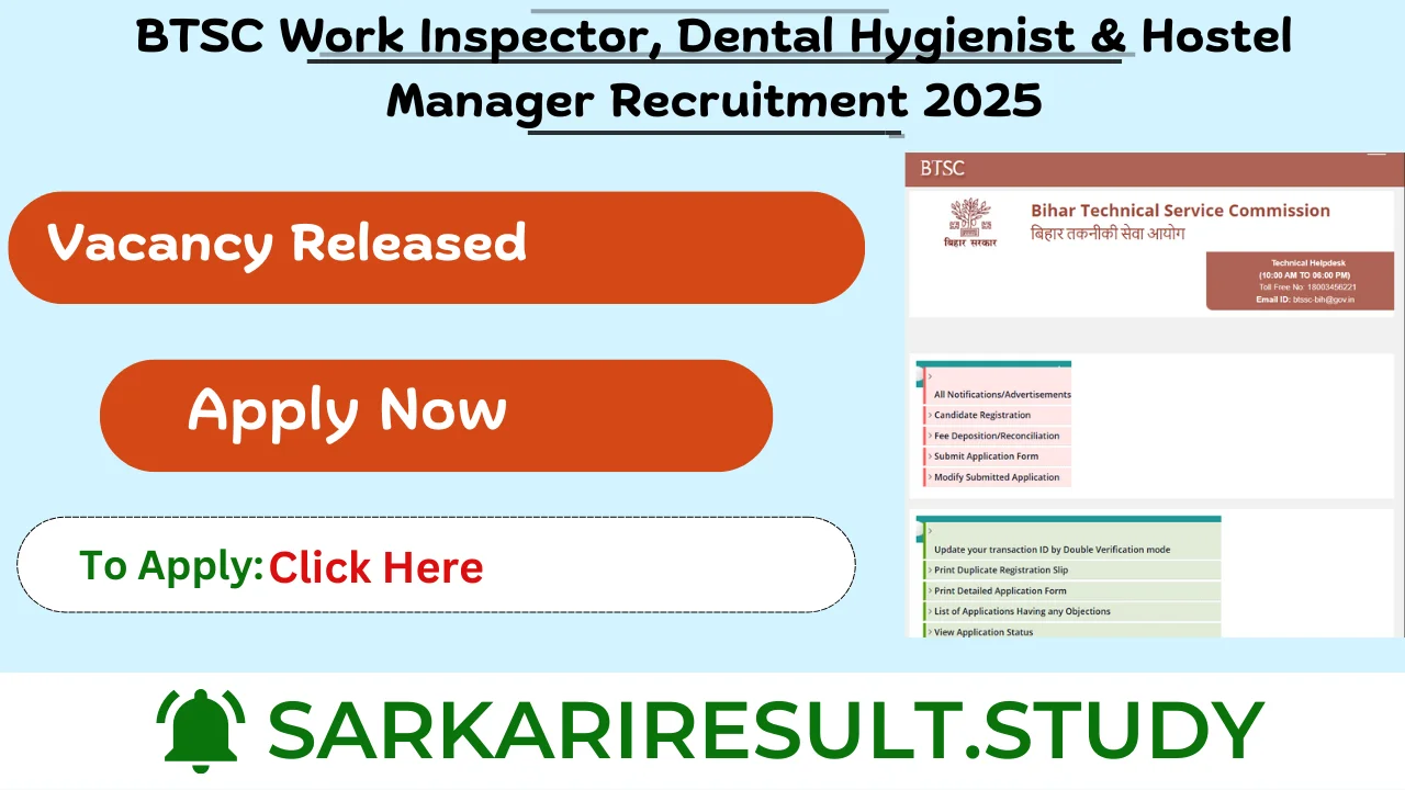 BTSC Work Inspector, Dental Hygienist & Hostel Manager Recruitment 2025