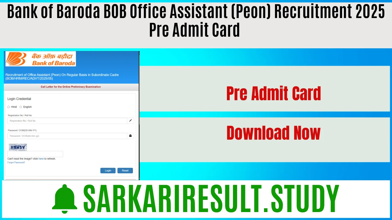 Bank of Baroda BOB Office Assistant (Peon) Recruitment 2025 Pre Admit Card 