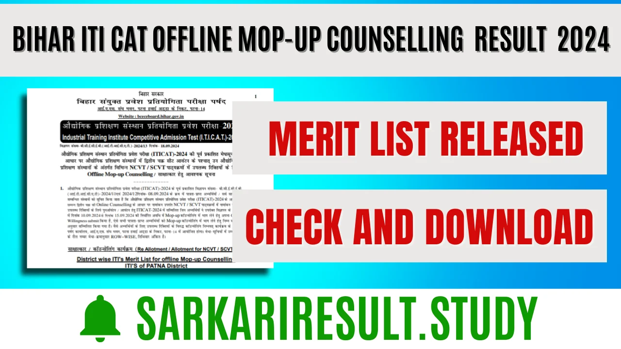 Bihar ITI CAT Offline Mop-Up Counselling  Result  2024