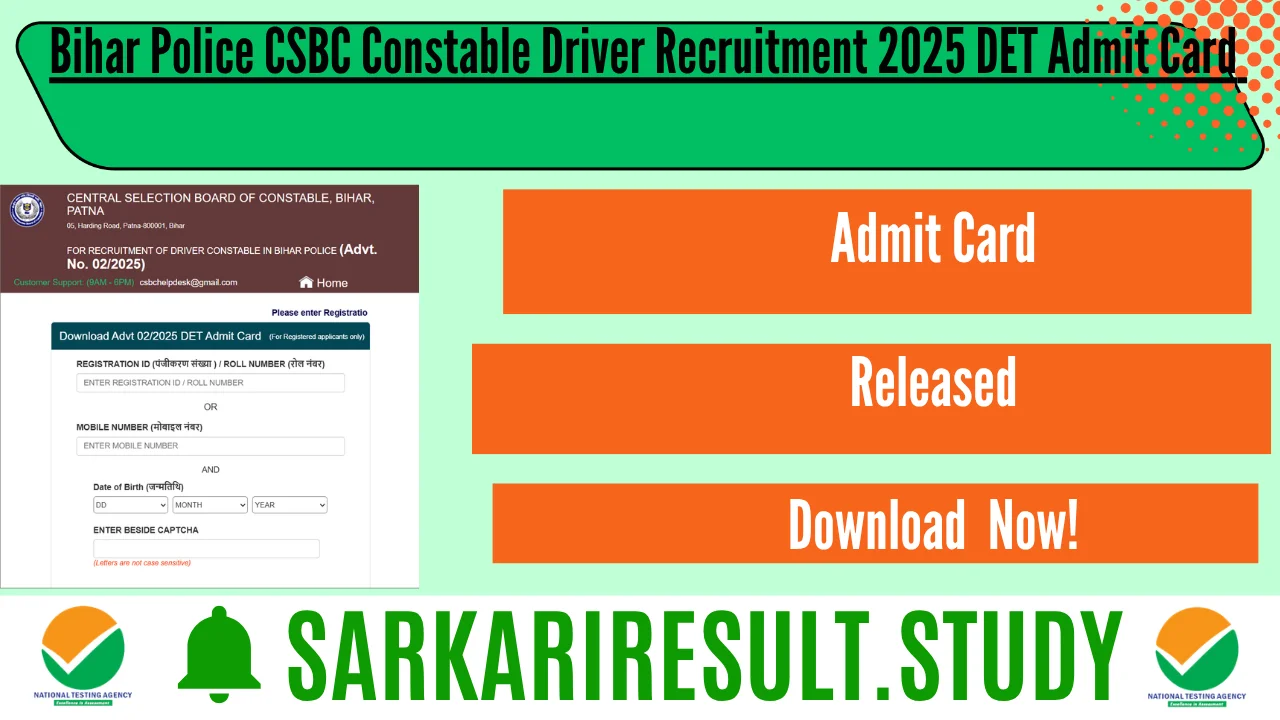 Bihar Police CSBC Constable Driver Recruitment 2025 DET Admit Card 