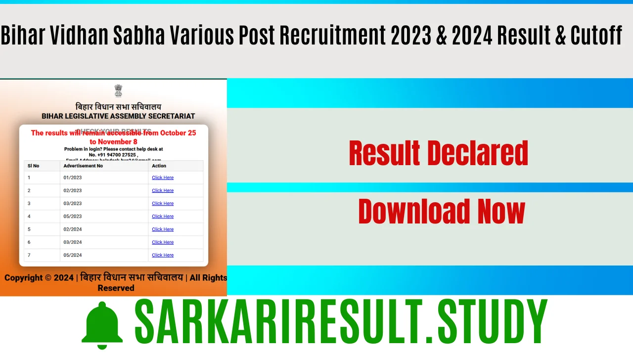 Bihar Vidhan Sabha Various Post Recruitment 2023 & 2024 Result & Cutoff
