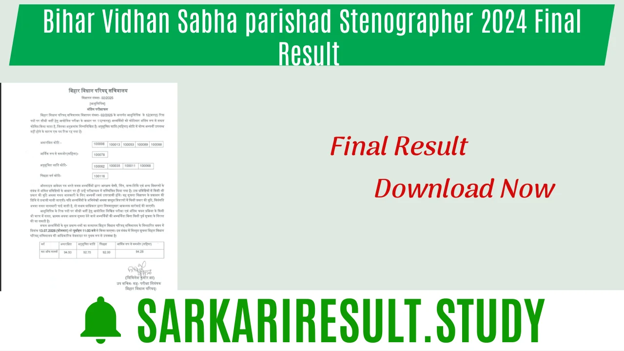 Bihar Vidhan Sabha parishad Stenographer 2024 Final Result 