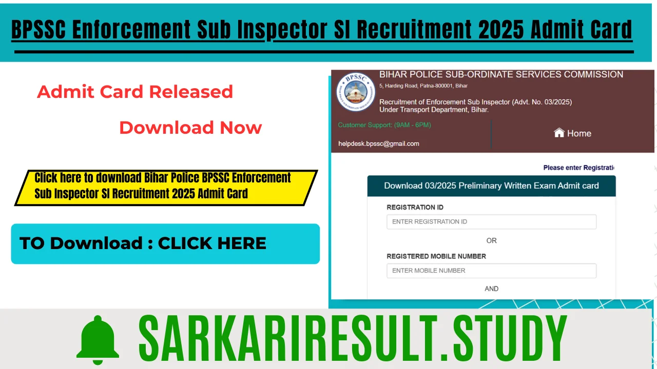 Bihar Police BPSSC Enforcement Sub Inspector SI Recruitment 2025 Admit Card