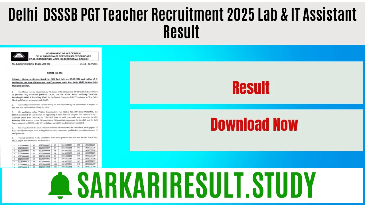 Delhi  DSSSB PGT Teacher Recruitment 2025 Lab IT & Assistant Result 