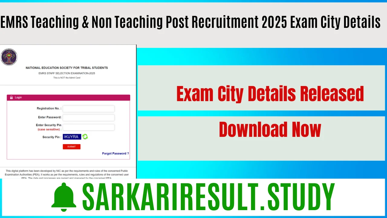 EMRS Teaching & Non Teaching Post Recruitment 2025 Exam City Details 
