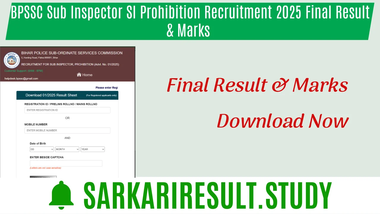 BPSSC Sub Inspector SI Prohibition Recruitment 2025 Final Result & Marks 