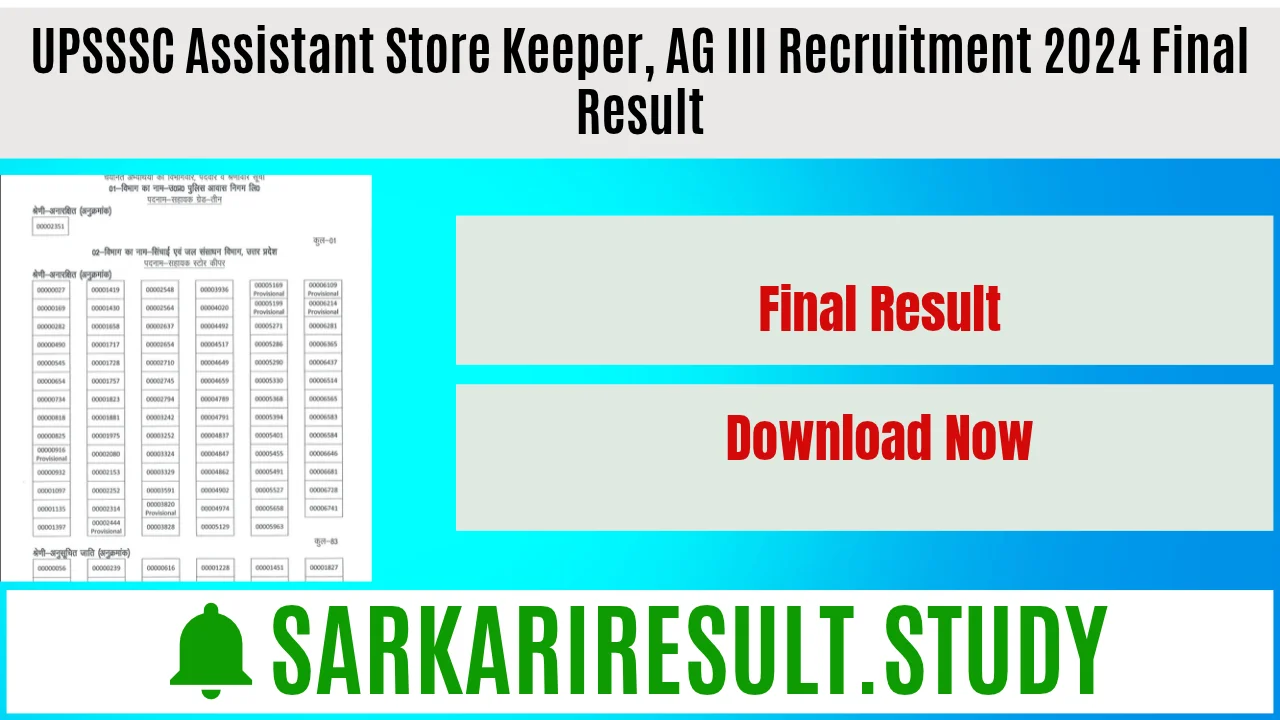 UPSSSC Assistant Store Keeper, AG III Recruitment 2024 Final Result