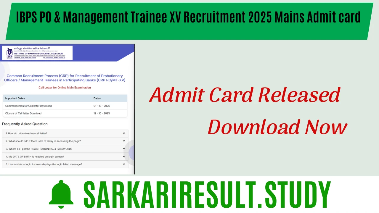 IBPS PO & Management Trainee XV Recruitment 2025 Mains Admit card 