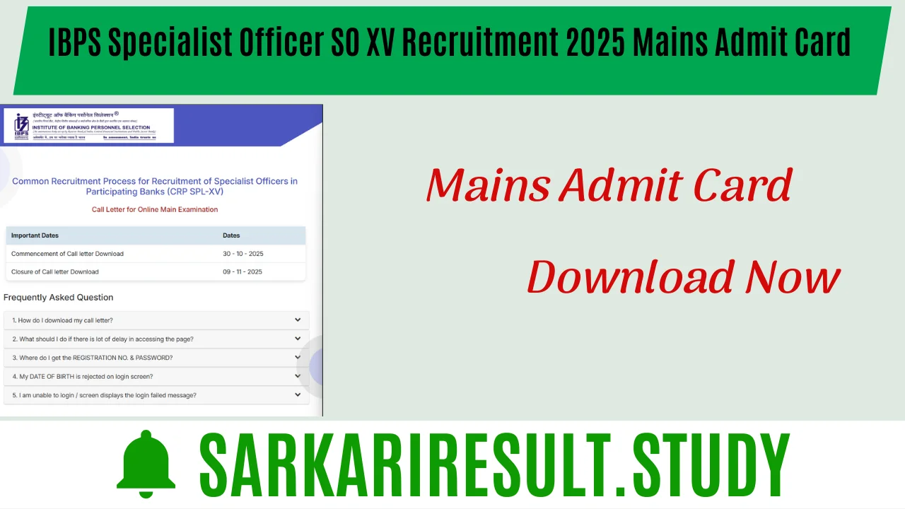 IBPS Specialist Officer SO XV Recruitment 2025 Mains Admit Card