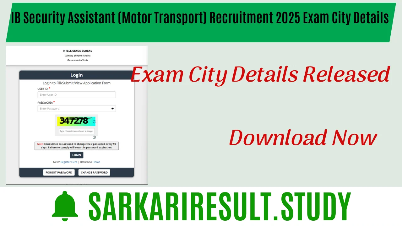 IB Security Assistant (Motor Transport) Recruitment 2025 Exam City Details 