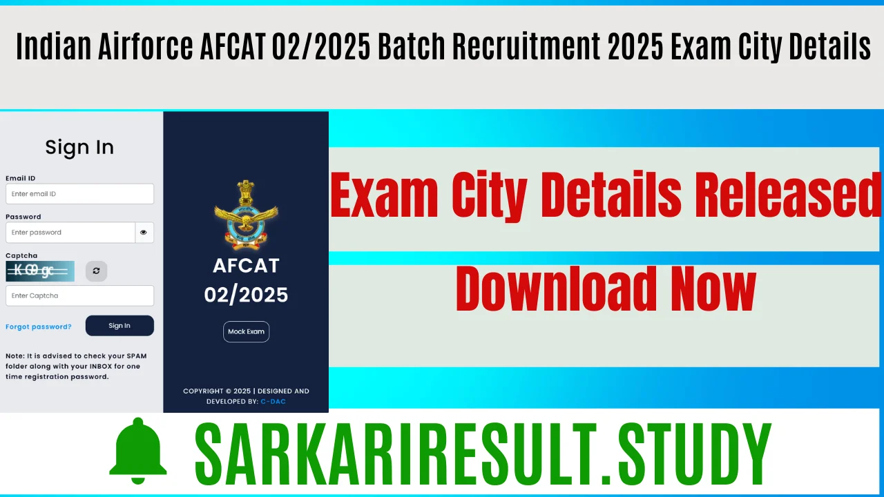  Indian Airforce AFCAT 02/2025 Batch Recruitment 2025 Exam City Details 