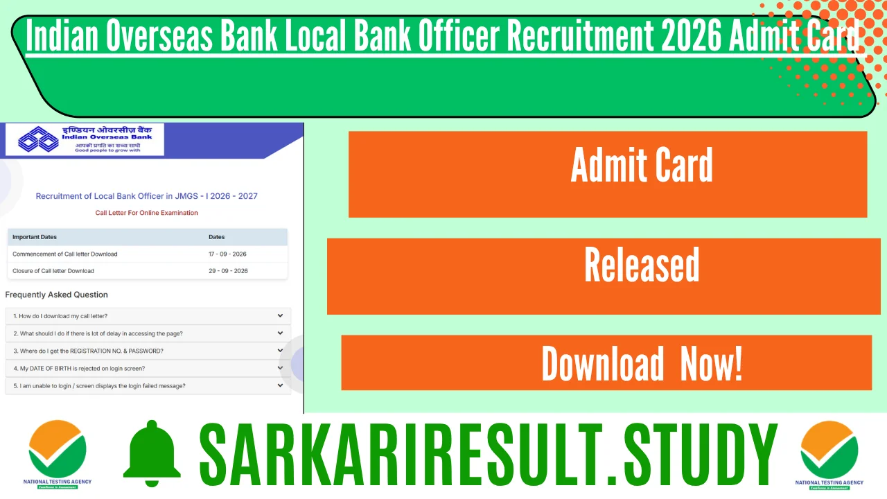 IOB Local Bank Officer LBO Recruitment 2026 Admit Card 