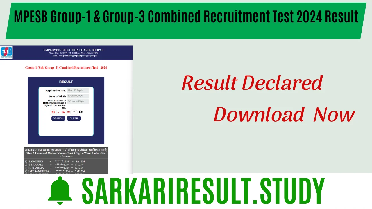 MPESB Group-1 & Group-3 Combined Recruitment Test 2024 Result