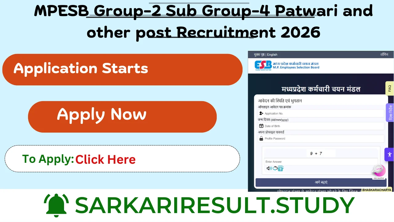 MPESB Group-2 Sub Group-4 Patwari and other post Recruitment 2026