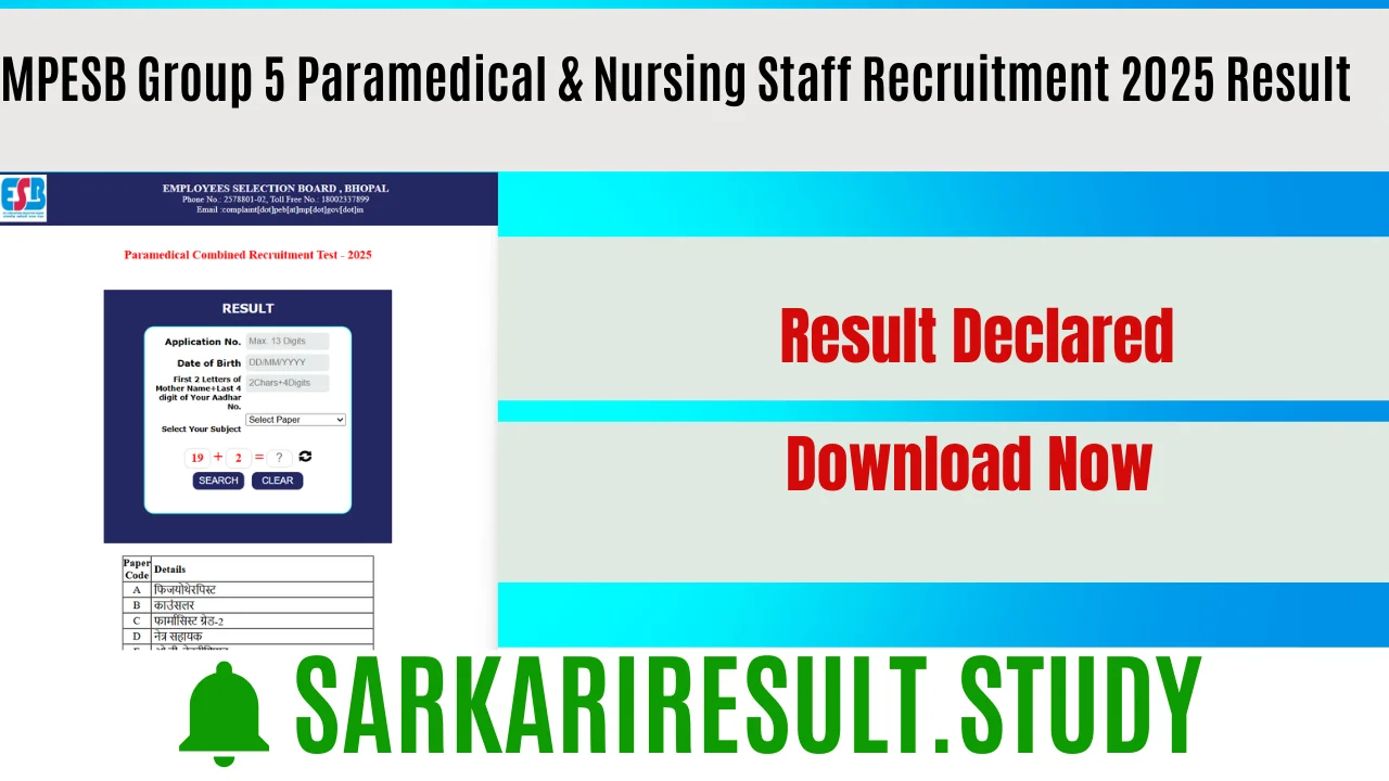 MPESB Group 5 Paramedical & Nursing Staff Recruitment 2025 Result
