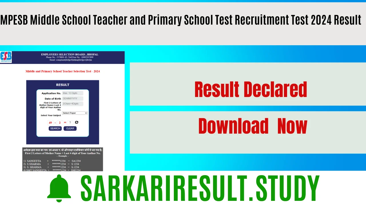 MPESB Middle School Teacher and Primary School Test Recruitment Test 2024 Result