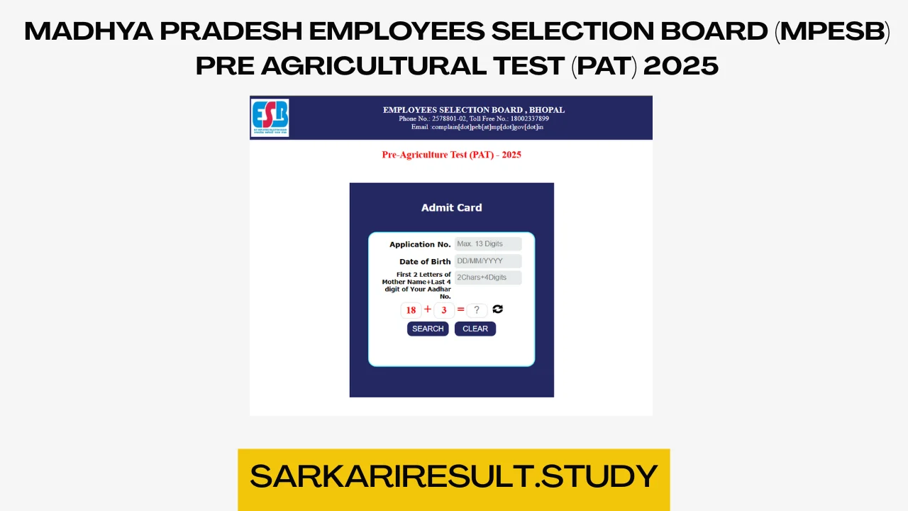 MPESB Pre Agricultural Test (PAT) 2025 Admit Card