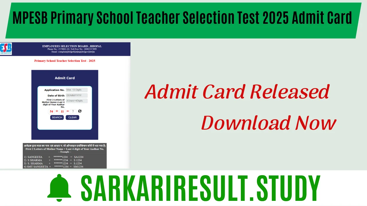 MPESB Primary School Teacher Selection Test 2025 Admit Card 