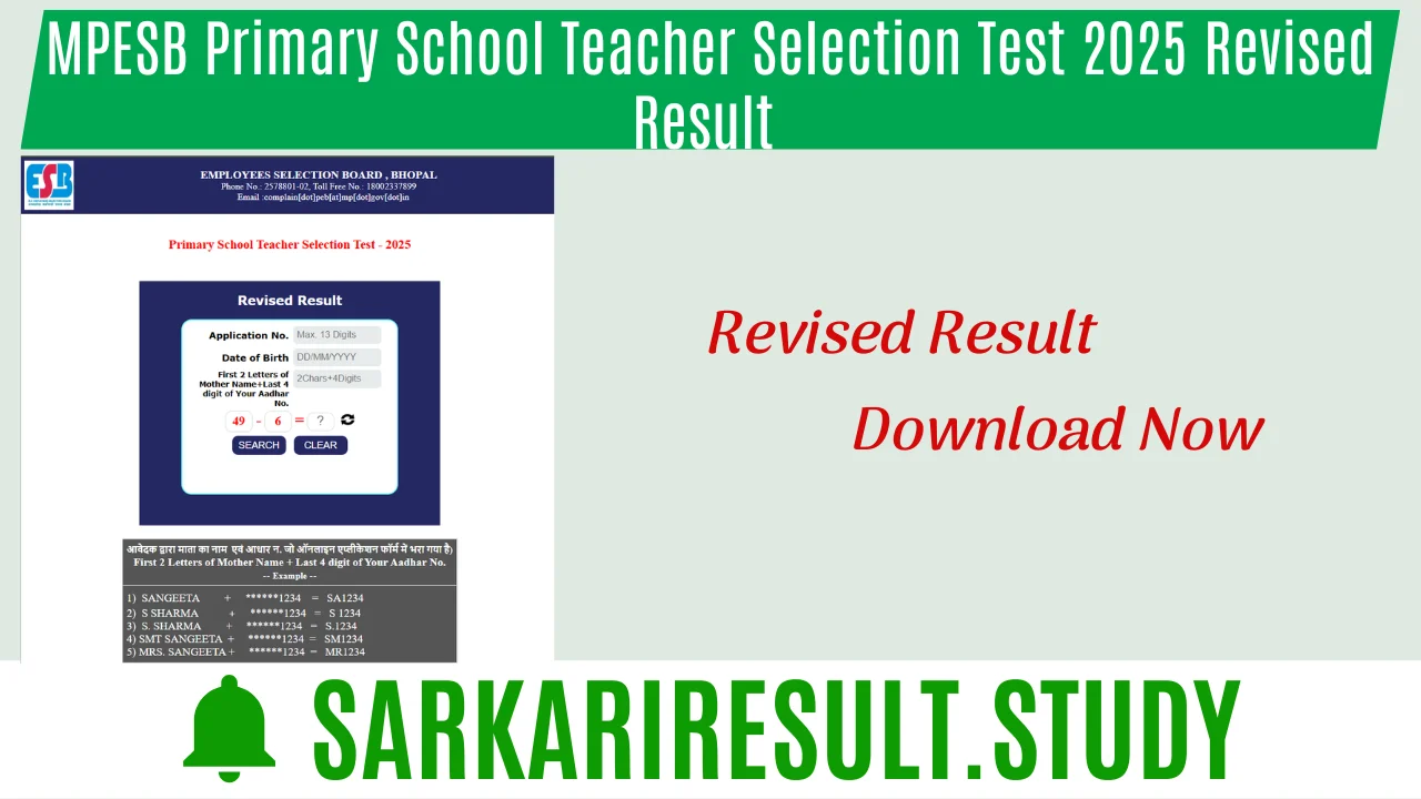 MPESB Primary School Teacher Selection Test 2025 Revised Result 