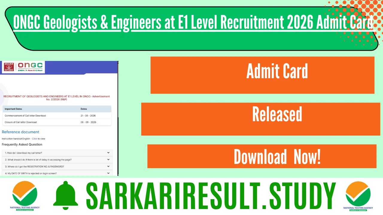 ONGC Geologists & Engineers at E1 Level Recruitment 2026 Admit Card 