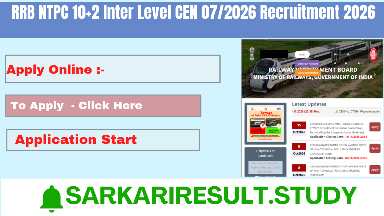 RRB NTPC 10+2 Inter Level CEN 07/2026 Recruitment 2026