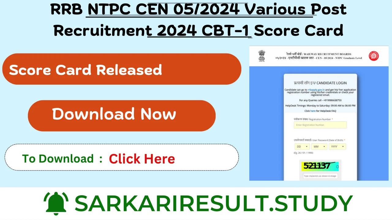 RRB NTPC CEN 05/2024 Various Post Recruitment 2024 CBT-1 Score Card