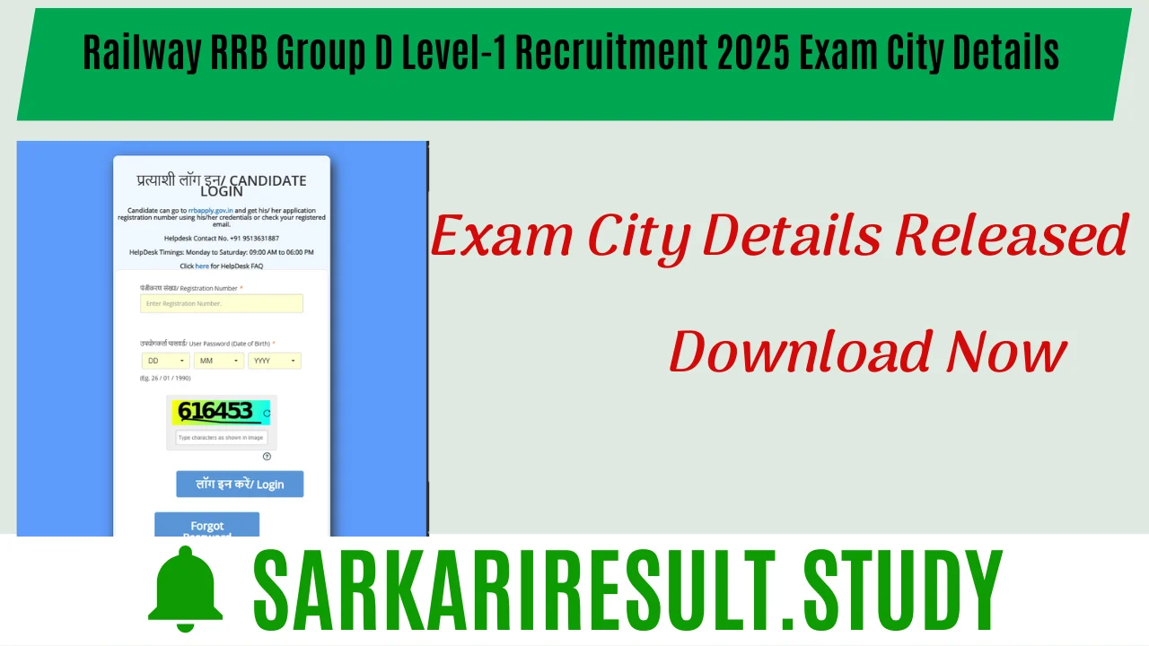 Railway RRB Group D Level-1 Recruitment 2025 Exam City Details 