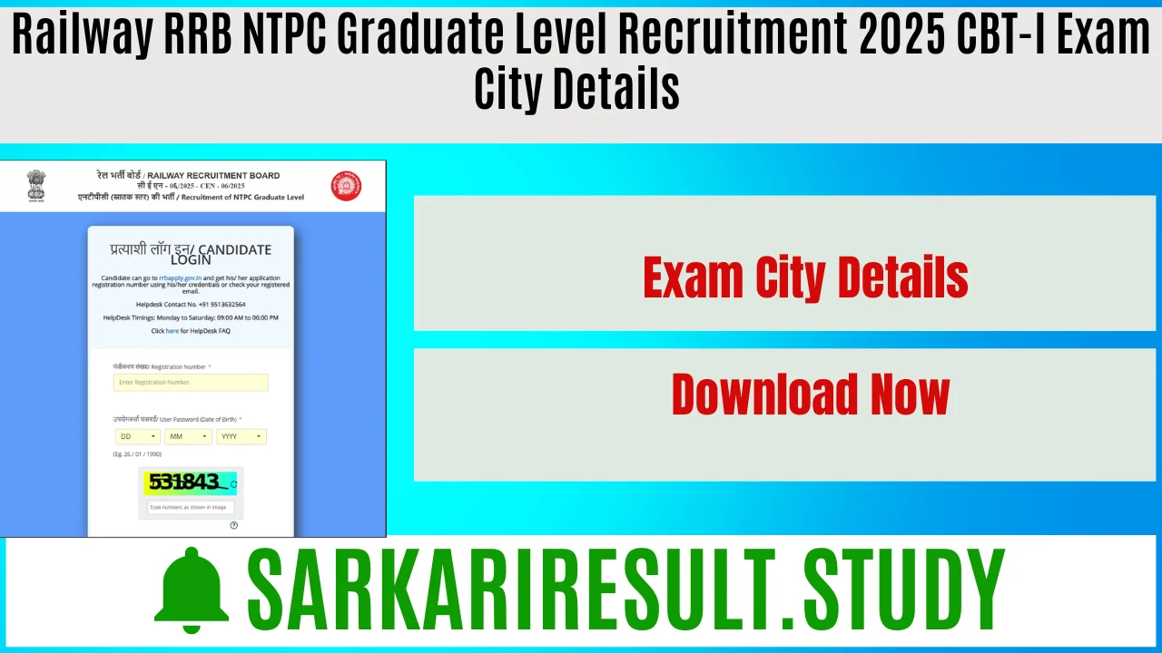 Railway RRB NTPC Graduate Level Recruitment 2025 CBT-I Exam City Details 