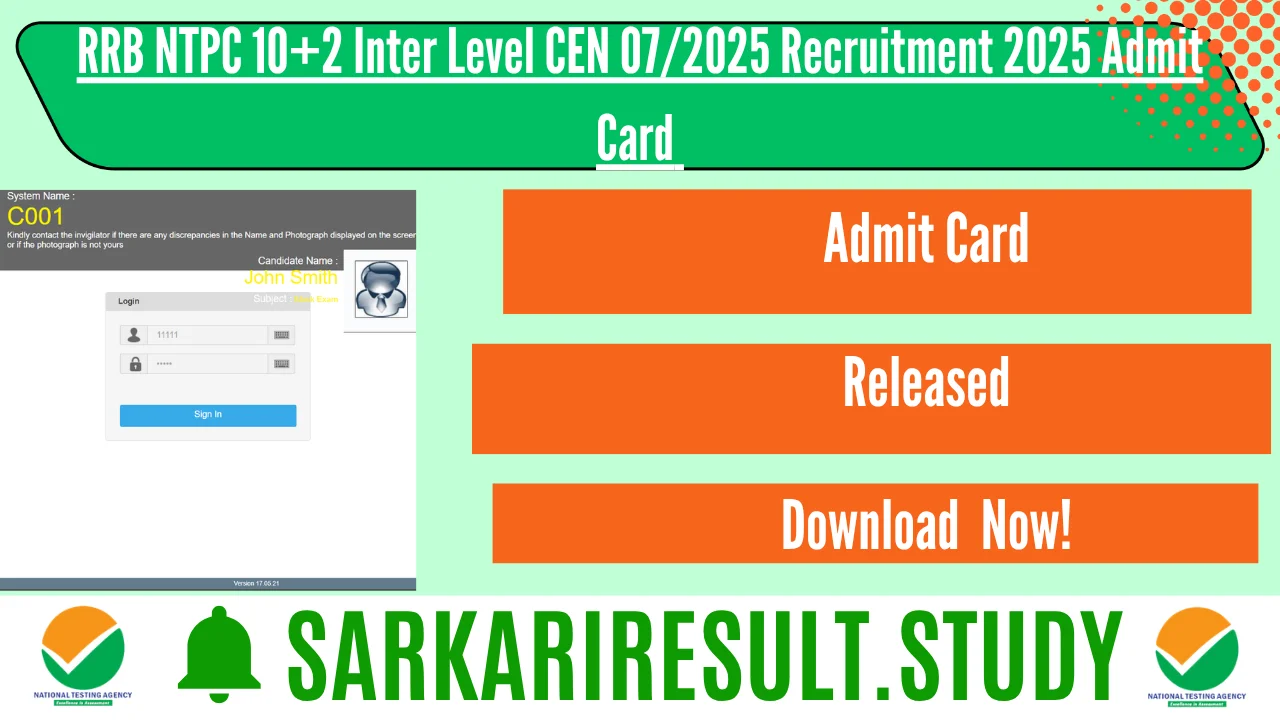 RRB NTPC 10+2 Inter Level CEN 07/2025 Recruitment 2025 Admit Card 