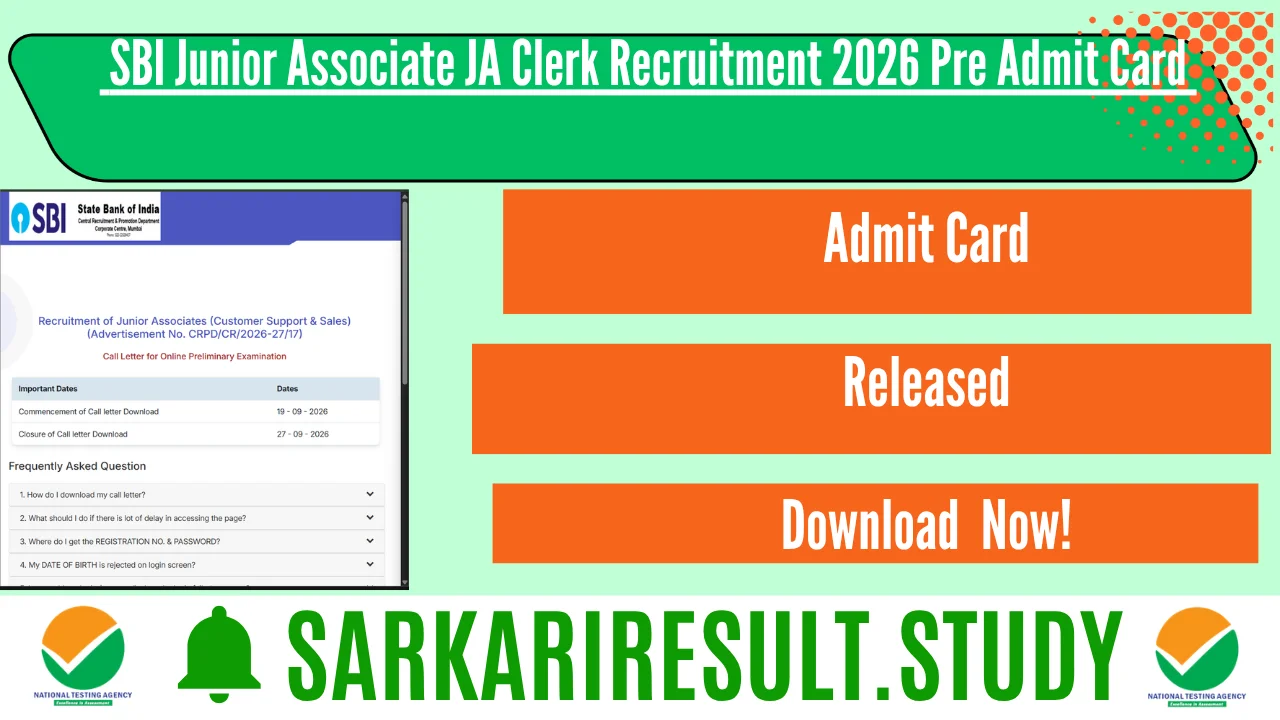 SBI Junior Associate JA Clerk Recruitment 2026 Pre Admit Card 