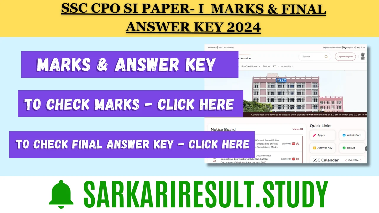 SSC CPO SI Paper- I  Marks & Final Answer Key 2024