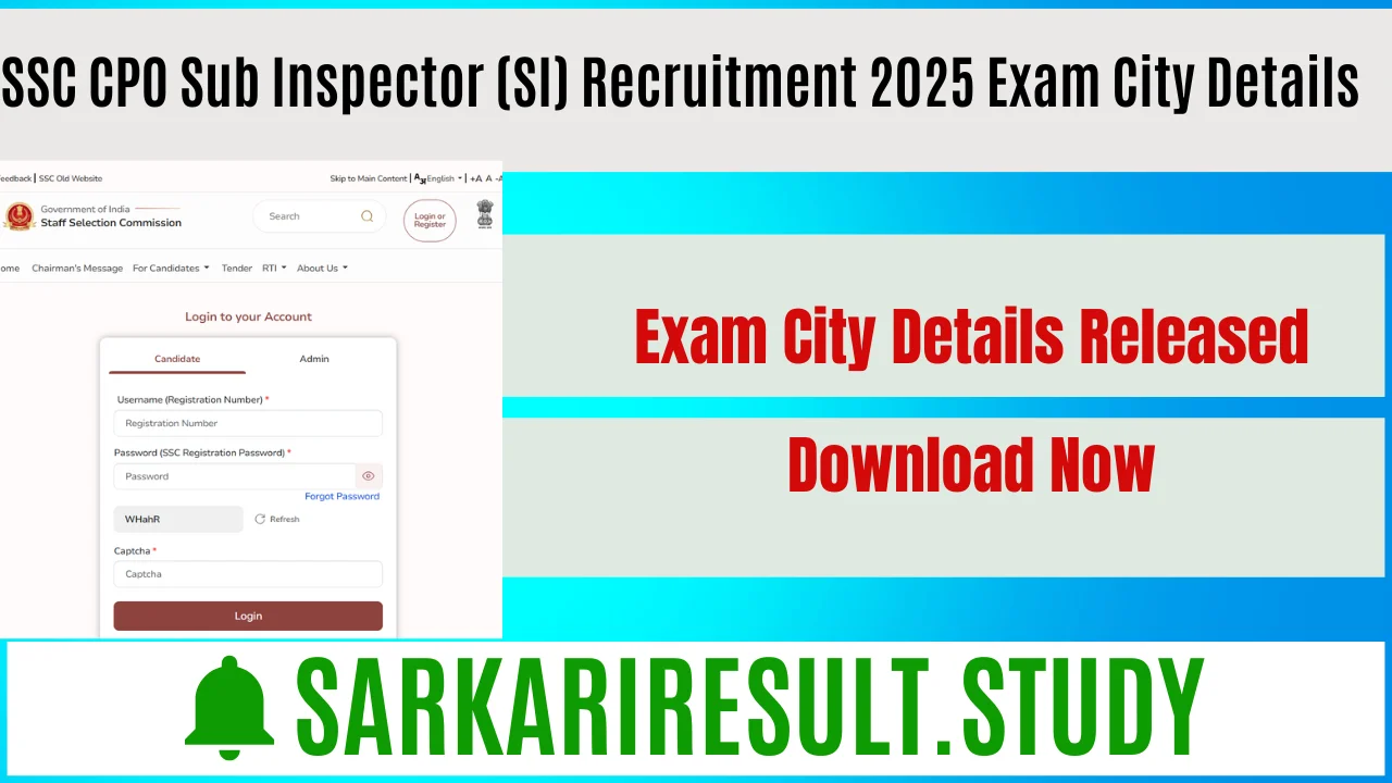 SSC CPO Sub Inspector (SI) Recruitment 2025 Exam City Details 