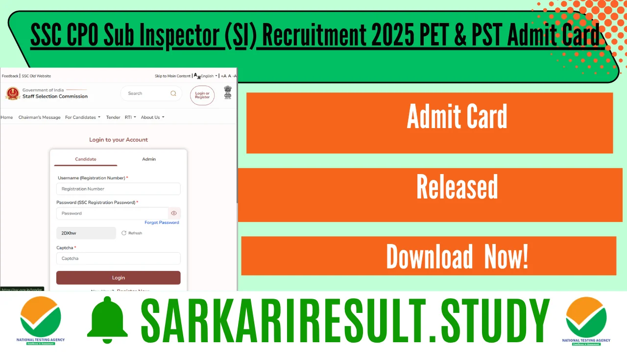  SSC CPO Sub Inspector (SI) Recruitment 2025 PET & PST Admit Card 