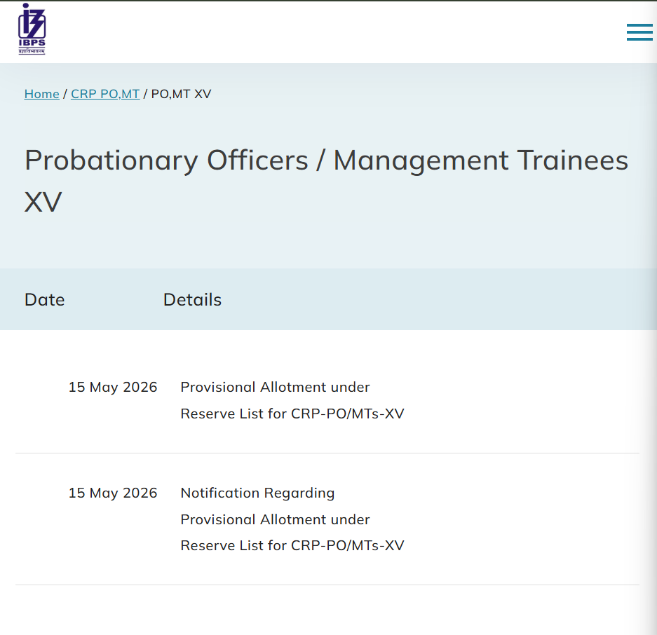 IBPS PO & Management Trainee XV Recruitment 2025 Reserve List 