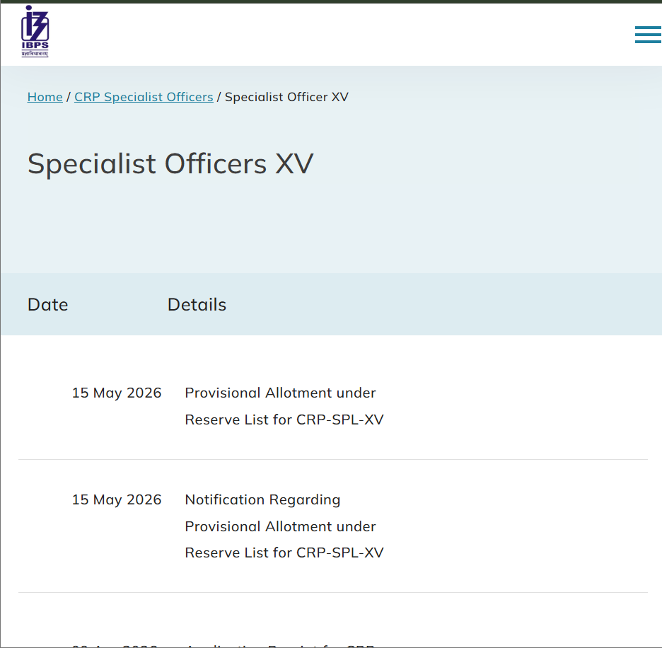 IBPS Specialist Officer SO XV Recruitment 2025 Reserve List 