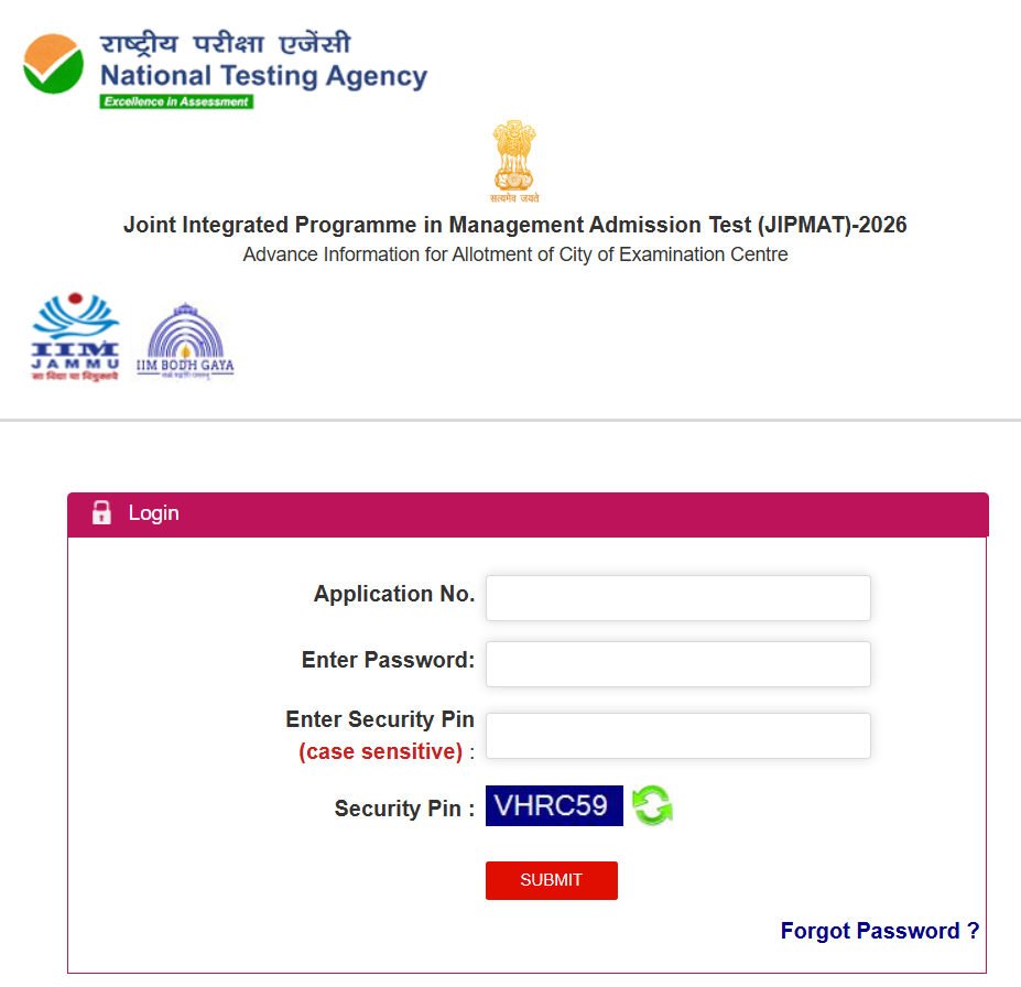 NTA JIPMAT Admissions 2026 Exam City Details 
