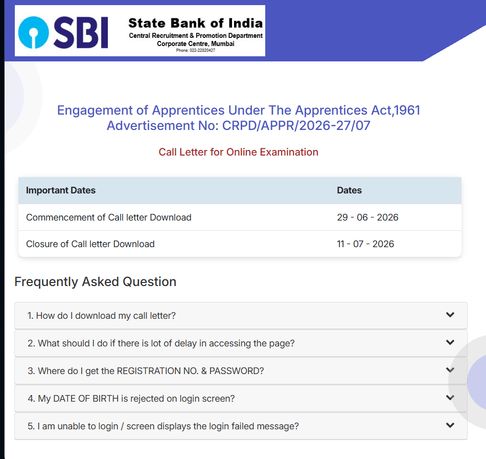 SBI Apprentice Recruitment 2026 Admit Card 