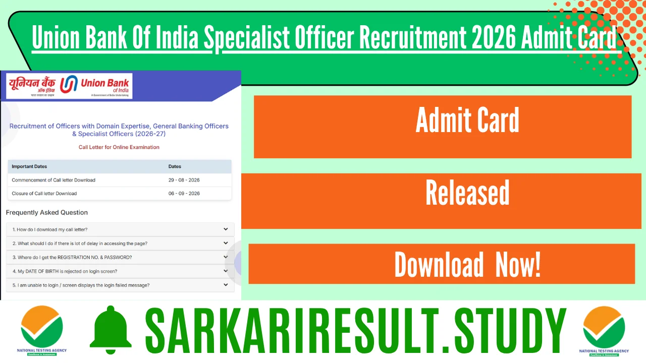 Union Bank Of India Specialist Officer SO Recruitment 2026 Admit Card 